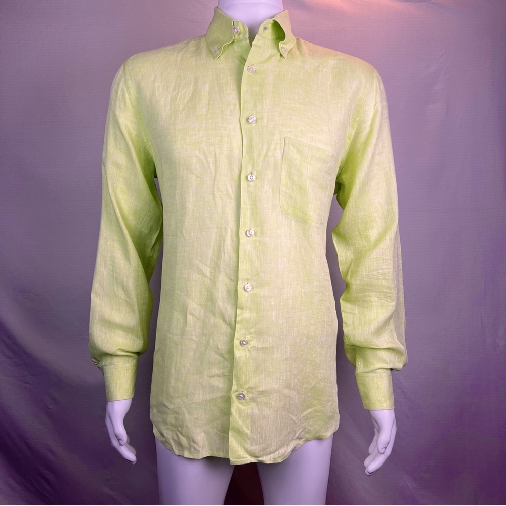 Paul Stuart Linen Button-Down Shirt – Light Green – Made in Italy – Size M
